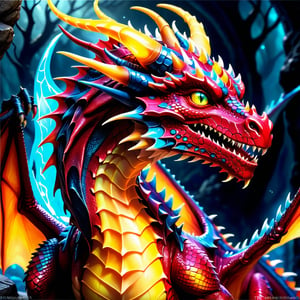 Craft an enchanting fantasy scene featuring a beautiful red-yellow biometric dragon with glowing,  shiny biometrical features. Imagine captivating blue eyes and impressive glass horns. Place this majestic creature in a fantasy-style background that complements its ethereal beauty,  aiming for a visually striking image with intricate details and a magical atmosphere., cute little dragon
,cute dragon,GUILD WARS