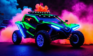 front  view, ultra relistic,  of a green ariel nomad tactical ATV 4x4 with headlights onm, a light bar on the roof with the bright beams of light out of each light ,  background of colorful smoke , ✏️🎨, 8k stunning artwork, vapor wave, neon smoke, hyper colorful, stunning art style, car with holographic paint, amazing wallpaper, futuristic art style, 8 k highly detailed ❤🔥 🔥 💀 🤖 🚀4k phone wallpaper, inspired by Mike Winkelmann, 