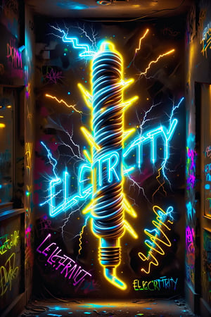 text saying "electricity",  graffiti neon street art electricity industries vacume tube  elements lightning gold light  neon vivid colors, SelectiveColorStyle,DonM3l3m3nt4lXL