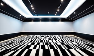 A wide-angle shot captures the modern empty room that screams fung shui in a modern way, ready to start fresh. The camera gazes upon the bold black and white checkerboard-patterned carpet, a striking focal point amidst the gray walls and soaring black ceiling. The room's dimensions are notable: the larger back wall contrasts with the smaller side walls, while the flat floor stretches wall-to-wall, covered in the striking black and white carpet, evoking a sense of new beginnings and possibilities.