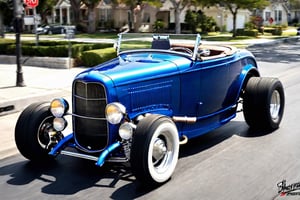 two 406-Powered 1932 Ford Roadster Highboy Hot Rod racing down the street, 32k, masterpiece, photorealistic, photography,