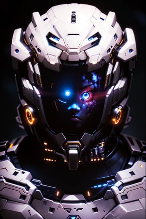 a close up of a futuristic helmet with a glowing eye, portrait of a space cyborg, symmetrical portrait scifi, profile picture 1024px, dark sci-fi art, eyes projected onto visor, glass oled mecha visor, space armor, symmetry!! portrait of cyborg, portrait of a mech, eva unit-00 in the back