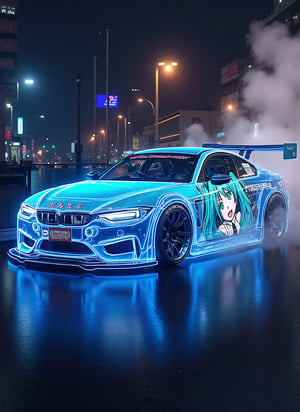 an ecchi car, a car with body painted with Hatsune Miku, car body have text "Hatsune Miku", Japaneses car, futuristic, vibrant neon light, car light up, Akihabara night street, white smoke, cinematic lighting, photorealistic, night view photo,Supercar,High dynamic range style,Neon