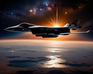 realistic, a fighter jet flying in the sky with clouds below sun behind in the background bathing everying in the suns color glow, Stelth v wing lockheed concept art, 5th gen fighter, b - 2 bomber, boeing concept art, top secret space plane, us airforce, fighter drones, military drone, by Jason Felix, roswell air base, boeing concept art painting, nasa, by Robert Peak, by John Luke, in the near future, Movie Still, masterpiece, super detail, best quality, award winning, highres, 4K, 8k, 16k