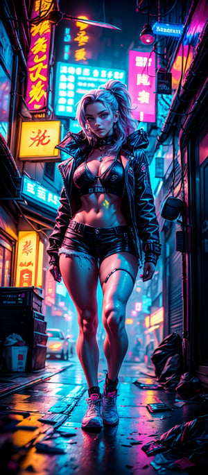 (((Fullbody view))),1 《Cyberpunk 2077》Pink long-haired girl with long katana,Wear a big red trench coat and shorts,Cyberpunk 2077,Extreme light and shadow,Aurora chase,extremelycomplicateddetails,Extremely strong reflected light,Extreme ambient light,the city that never sleeps,Analog cameras,rendering by octane,8K,CGSociety trends,Extremely complex and delicate eye structure,facing at the camera,neon light detail,globalillumination,Super delicate facial features,Cold,Very detailed pupil structure,Look back at the full body close-up。Neon scene at night,Long neon hair,（Perfect body 1.1）（Height 1.68 meters）Super realistic,The moment you sprint with a knife