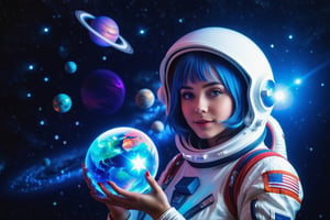 (masterpiece), best quality, a cute girl floating in the space holding a planet, ((holding)), sphere, ((glow, planet glow)), perfect face, expressive eyes, space suit, austronaut helmet, spiral galaxy, astronomy wallpaper, happy, colorful, exciting, gorgeous, blue giant star, cowboy shot, cosmic, cosmos 4k, shiny, perfect light, glowing sphere BREAK  a cute girl on space, she  holding a glwoing sphere with the two hands, she  wearing a white space suit, she has blue hair, red eyes, red giant star, sun like star, shine, BREAK vivid colors, bright,shiny, cool colors, dramatic lighting, artistic, creative, digital art, wallpaper, (glowing eyeagical, impossible, good vibes, good emotions, adventure, (solo, alone,1girl)