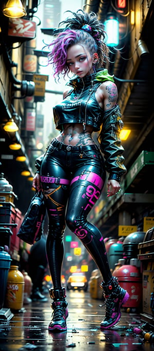 (((Fullbody view))), (best quality,4k,8k,highres,masterpiece:1.2),ultra-detailed,(realistic,photorealistic,photo-realistic:1.37),90s vibe,cyberpunk,futuristic neon lights,pink and blue pastel colors,stylishly dressed girl with punk elements,dynamic composition,Kim Bassin-inspired character design,Retro 80s film poster art style,nostalgic atmosphere,innovative technology,aesthetic graffiti in the background,sleek and shiny surfaces,cityscape with towering skyscrapers,hovering vehicles,futuristic gadgets and holograms,action-packed scene,fashion-forward hairstyle and accessories,glowing tattoos and piercings,electric energy and sparks,urban underground culture,positive and empowering energy,unique and captivating visual narrative,synchronized dance moves with pulsating music,stylish typography and design elements,