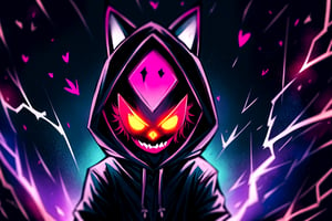 Mad Cat, 1boy ,solo male, cat ears, animal ears, Black with red highlights hair, yellow glowing eyes, Mad face, crazy smile, epic,8k,fantasy,ultra detailed,Magic,((hood)),(hoodie),casting spell,blackhole,menancing,((glowing eyes)),((glowing)),((Bloom)),magnificent,Masterpiece, best quality, standing,cat man , evil, evil grin, apocalypse, destruction,e nd of the world, crazy eyes, Crazy, psychotic, superior,(sadistic),((demoniac)), 