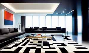A wide-angle shot captures the Masculine yet modern classy fung shui  vibe but empty room's stark beauty, every color and form of the room has balance, framing the bold black and white and uniformed square checkerboard-patterned patern with the carpet as the central focal point amidst gray walls and soaring black ceiling. The camera gazes upon the rectangular space, where larger back wall contrasts with smaller side walls and flat floor stretches wall-to-wall, evoking new beginnings and possibilities.