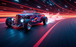 (masterpiece, best quality, ultra-detailed, 8K), 1932 Ford Roadster Hot Rod, street racing-inspired,Drifting inspired, LED, ((Twin headlights)), (((Bright neon color racing stripes))), (Black racing wheels), Wheelspin showing motion, Show car in motion, Burnout, wide body kit, modified car, racing livery, masterpiece, best quality, realistic, ultra highres, (((depth of field))), (full dual colour neon lights:1.2), (hard dual color lighting:1.4), (detailed background), (masterpiece:1.2), (ultra detailed), (best quality), intricate, comprehensive cinematic, magical photography, (gradients), glossy, Night with galaxy sky, Fast action style, fire out of tail pipes, Sideways drifting in to a turn, Neon galaxy metalic paint with race stripes, aesthetic,intricate, realistic,cinematic lighting, Neon Paint,bpGraffitiStyle,VIVID,High Speed,Hyperspeed,aidmaGlow