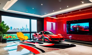 A wide-angle shot captures the masculine high tech and modern and classy fung shui vibe of the living room with colors of black red silver gold and glass, a jprjector casts a screen that  covers a hole wall as a screen that is displaying a colorful vibrant clear image of a Ferrari on a race track, there is another wall that is windows flore to cealing with a open sliding glass door and a patio outside with a view of New York city, every color and form in the room has equal balance, the room has a uniformed square checkerboard patern marble floor that is the central focal point amidst the tall walls and soaring ceiling. The camera gazes upon the square space, with a  larger back wall and shorter side walls that are even and have no doors, the room is about new beginnings and possibilities.,Modern,cinematic_warm_color