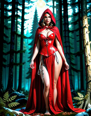 Red Riding Hood, big breasts, frontal, full-length, looking at the camera, facing the audience, standing pose, forest background, three-dimensional light, detailed full-body concept, sleek digital concept art, beautiful full-body concept art, art trend, CGsociety full-length,