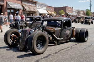 two hot rods racing down the street, 32k, masterpiece, photorealistic, photography,rat_rod