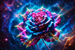  Graffiti style, Neon rich colors, a galaxy rose with a galaxy on each rose transluent petal, shining starlight, spacey nebula  background, Dark background,Extreme Detail,UHD,8K,water droplets on rose petal,Flora