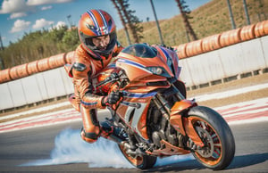 there is a man riding a motorcycle on a track with a helmet on, vibrant and dynamic, orange racing stripes, action sports, action pose, dynamic angled shot, 🚿🗝📝, high quality picture, vibrant and powerful, wheelie, hyper realistic, dynamic action shot, hyper - realistic, hyper-realistic, riding a motorcycle