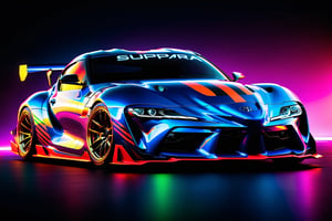 (masterpiece, best quality, ultra-detailed, 8K),toyota supra 2023 model, race car, street racing-inspired,Drifting inspired, LED, ((Twin headlights)), (((Bright neon color racing stripes))), (Black racing wheels), wide body kit, modified car,  racing livery, masterpiece, best quality, realistic, ultra highres, (((depth of field))), (full dual colour neon lights:1.2), (hard dual colour lighting:1.4), (detailed background), (masterpiece:1.2), (ultra detailed), (best quality), intricate, comprehensive cinematic, magical photography, (gradients), glossy,aesthetic,intricate, realistic,cinematic lighting, Neon Paint,cyberpunk style,c_car