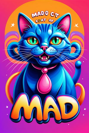 Text that reads"Mad Cat" A psychedelic illustration of a beautiful perfectly smooth pussy, vector art design, cartoon