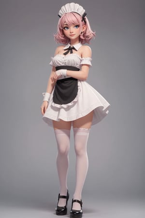 character sheet,looking to the camera,beautiful, good hands, full body, good body, 18 year old girl body,sexy pose, full_body,character_sheet, shoulder length fluffy semi wavy hair, pink hair,maid clothes, white stockings, greeting pose,maid black shoes 