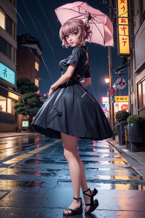 White skin,full body beautiful detailed eyes, looking at viewer, stunningly beautiful woman, detailed hairstyle, realistic_detailed_skin_texture,  good hands,  good feet, (8k, RAW photo, best quality, ( ultra high res, photon mapping,professional soft lighting, nanakusa nazuna,pink_hair, ,akatsuki outfit,black sandals,(best quality,raining night city background,mechanical city,Pamela dress,portrait,1 girl,sexy pose,milf,GothGal