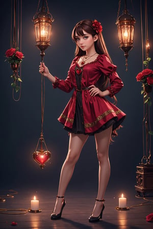 beautiful, good hands, full body, good body, 18 year old girl body, sexy pose, arcane style, clothes with accessories, brown hair, straight hair, fair skin, light eyes, red flower in the girl's hair,1girl,glitter,shiny,Marionette,chiffon smock mini shirt dress in red, Mechanical heart necklace