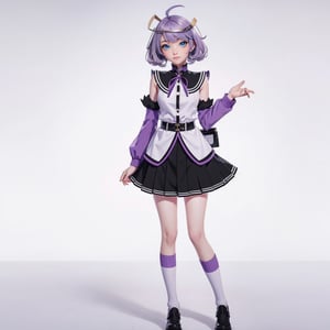 girl with straight lilac purple hair,white school socks, black school clothes black , black skirt ,High detailed ,nanakusa nazuna,Color magic, white background,shoulder_length_hair, full_body,destiny /(takt op./)