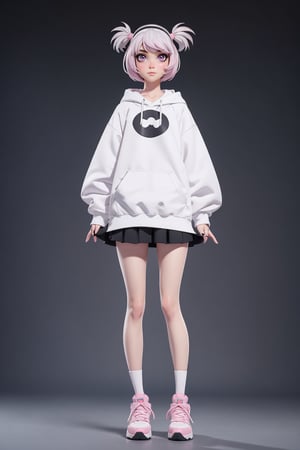 pink eyes, black tights, white hair, wide white sweatshirt, white skin, full body, 18 year  slim old girl, wavy bob hairstyle with pigtails, good hands, good body,nanakusa nazuna, full body,
skirt,good legs