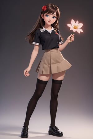  student clothes, beautiful, good hands, full body, good body, 18 year old girl body, school shoes, school skirt, school shirt, black shoes, sexy pose, full_bodyschool_uniform, shoes_black, with  school_shoes_black, arcane style, clothes with accessories, denier tights in beige, stockings_colorbeige, brown hair, straight hair, fair skin, light eyes, red flower in the girl's hair,1girl,glitter,shiny