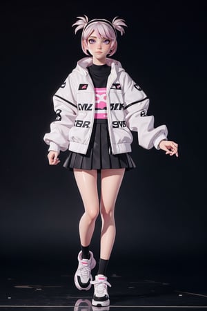 pink eyes, black tights, white hair, wide white sweatshirt, white skin, full body, 18 year  slim old girl, wavy bob hairstyle with pigtails, good hands, good body,nanakusa nazuna, full body,
skirt,good legs,drip jacket,sexy pose