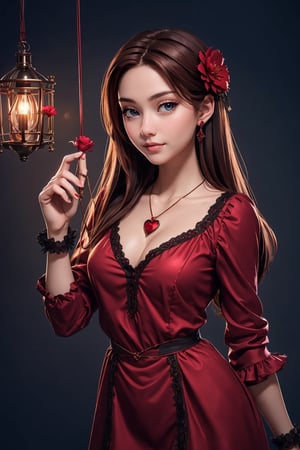 beautiful, good hands, full body, good body, 18 year old girl body, sexy pose, arcane style, clothes with accessories, brown hair, straight hair, fair skin, light eyes, red flower in the girl's hair,1girl,glitter,shiny,Marionette,chiffon smock mini shirt dress in red, mechanical heart necklace