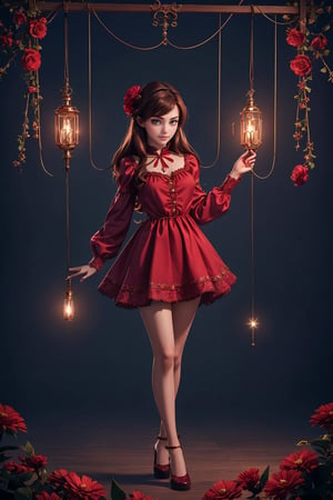 beautiful, good hands, full body, good body, 18 year old girl body, sexy pose, arcane style, clothes with accessories, brown hair, straight hair, fair skin, light eyes, red flower in the girl's hair,1girl,glitter,shiny,Marionette,chiffon smock mini shirt dress in red