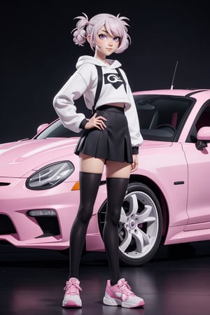 pink eyes, posing with sports one car, black tights, white hair, wide white sweatshirt, white skin, full body, 18 year  slim old girl, wavy bob hairstyle with pigtails, good hands, good body,nanakusa nazuna, full body,
skirt