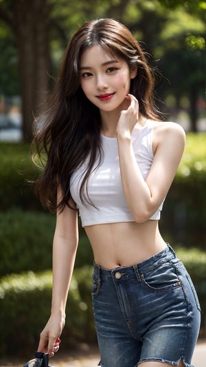 masterpiece, best quality, photorealistic, raw photo, 1girl, beautiful face, light smile, long hair, crop top shirt, navel, midriff, open denim shorts, sneakers, fullbody_view, walking on public park, intricate detailed, alluring face, detailed skin, pore, detailed background, finely detailed, dslr