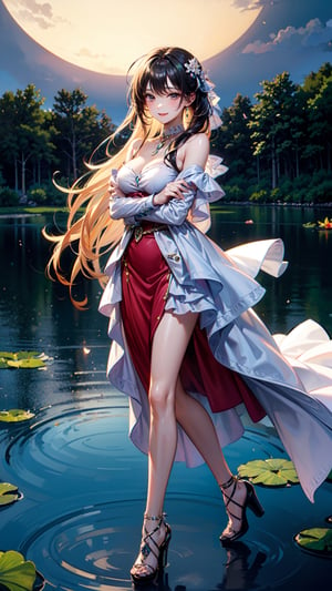 At the peaceful lotus pond, basked in the gentle moonlight, a girl appears, draped in a (figure-hugging:1.3) pink gown. Accentuated by a delicate waist belt and sparkling (jewelry:1.3), her attire features (layered skirts that gracefully flow:1.2), reminiscent of the lotus petals. Her (flowing locks:1.3) dance in the air, echoing the movements of the serene lotus leaves. The moonlight reflects upon the blooming lotus flowers, creating a scene of ethereal beauty. With a radiant smile, (high-heeled shoes:1.2), the girl emanates joy, as if she embodies the vibrant spirit of the lotus pond