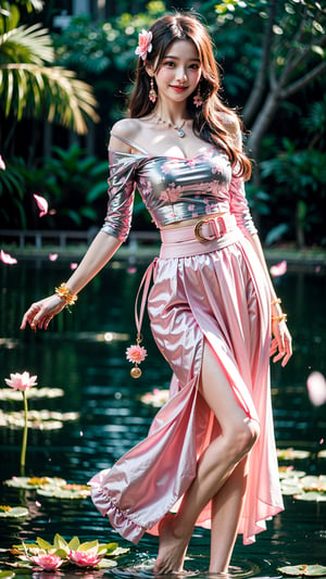 Beneath the ethereal glow of moonlight, a vision of elegance emerged by the lotus pond: Clad in a (short powder pink skirt:1.3) that hugged her figure, adorned with a delicate (waist belt:1.2) and (glistening jewelry:1.3), her (cascading hair:1.3) danced in the breeze. Layers of her skirt fluttered like (lotus petals:1.2) as her laughter echoed, creating a picturesque scene