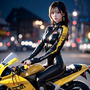 1 girl, very bright backlighting, solo, {beautiful and detailed eyes}, large breasts, dazzling moonlight, calm expression, natural and soft light, hair blown by the breeze, delicate facial features, Blunt bangs, beautiful korean girl, eye smile, very small earrings, (girl is riding a yellow 400cc racingmotorcycle:1.3) ,(wearing a black ridersuit:1.3),Both hands are gripping the handle. a racingmotorcycle is driving at 100 kilometer per hour.,23yo, film grain, realhands,blurry_light_background