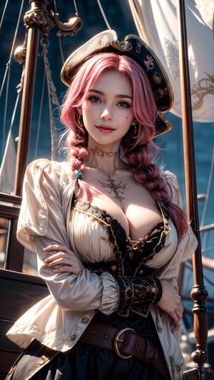 analog style, photo of a girl, (1girl, pirate girl), catears, furious expression, smile face, ( pink hair braid), ((pretty face: 1.7, perfect face:1.5)),(huge breasts), pale skin, shinny skin, cross tattoo, scar, white clothes, pirate clothes, pirate hat, leaning on the mast, gesturing hands, sword, pirate ship, sea, 8k, 3d, (best quality:1.5, hyperrealistic:1.5, photorealistic:1.4, madly detailed CG unity 8k wallpaper:1.5, masterpiece:1.3, madly detailed photo:1.2), (hyper-realistic lifelike texture:1.4, realistic eyes:1.2), (octane render, unreal engine 5)