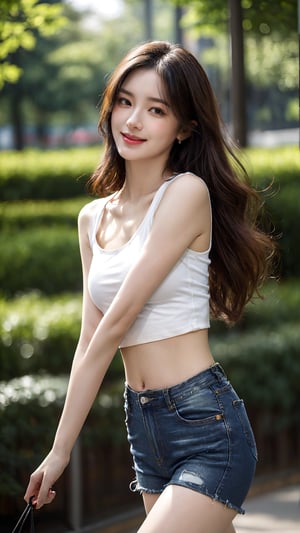 masterpiece, best quality, photorealistic, raw photo, 1girl, beautiful face, light smile, long hair, crop top shirt, navel, midriff, open denim shorts, sneakers, fullbody_view, walking on public park, intricate detailed, alluring face, detailed skin, pore, detailed background, finely detailed, dslr