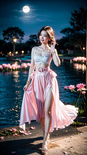 Beneath the ethereal glow of moonlight, a vision of elegance emerged by the lotus pond: Clad in a (short powder pink skirt:1.3) that hugged her figure, adorned with a delicate (waist belt:1.2) and (glistening jewelry:1.3), her (cascading hair:1.3) danced in the breeze. Layers of her skirt fluttered like (lotus petals:1.2) as her laughter echoed, creating a picturesque scene