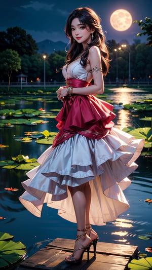 At the peaceful lotus pond, basked in the gentle moonlight, a girl appears, draped in a (figure-hugging:1.3) pink gown. Accentuated by a delicate waist belt and sparkling (jewelry:1.3), her attire features (layered skirts that gracefully flow:1.2), reminiscent of the lotus petals. Her (flowing locks:1.3) dance in the air, echoing the movements of the serene lotus leaves. The moonlight reflects upon the blooming lotus flowers, creating a scene of ethereal beauty. With a radiant smile, (high-heeled shoes:1.2), the girl emanates joy, as if she embodies the vibrant spirit of the lotus pond