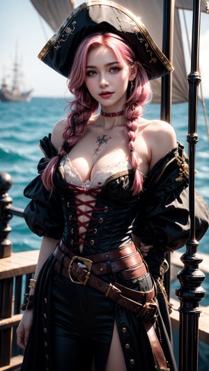 analog style, photo of a girl, (1girl, pirate girl), catears, furious expression, smile face, ( pink hair braid), ((pretty face: 1.7, perfect face:1.5)),(huge breasts), pale skin, shinny skin, cross tattoo, scar, white clothes, pirate clothes, pirate hat, leaning on the mast, gesturing hands, sword, pirate ship, sea, 8k, 3d, (best quality:1.5, hyperrealistic:1.5, photorealistic:1.4, madly detailed CG unity 8k wallpaper:1.5, masterpiece:1.3, madly detailed photo:1.2), (hyper-realistic lifelike texture:1.4, realistic eyes:1.2), (octane render, unreal engine 5)