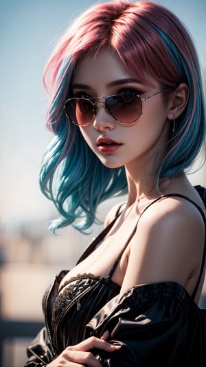 girl, blue and pink hair, shades, blue eye and red eye, armoured, beautiful sky, beautiful sun,realhands,1 girl