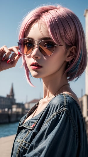 girl, blue and pink hair, shades, blue eye and red eye, armoured, beautiful sky, beautiful sun,realhands