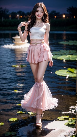 Beneath the ethereal glow of moonlight, a vision of elegance emerged by the lotus pond: Clad in a (short powder pink skirt:1.3) that hugged her figure, adorned with a delicate (waist belt:1.2) and (glistening jewelry:1.3), her (cascading hair:1.3) danced in the breeze. Layers of her skirt fluttered like (lotus petals:1.2) as her laughter echoed, creating a picturesque scene