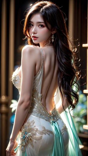 create a hi res 8k masterpiece ultra sharp portrait of a beautiful philippines women age 25, 1 girl, long hair, upper back body view, upskirt view, formal clothing, very detailed image, light contour, realism, hdr, ultra hd, 4k, 8k , sexy long dress with deep slits,