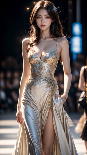 masterpiece, best quality, official art, aesthetic, 1girl, brown hair, top teen model, european-japanese teen girl, 18 years old, heterochromia, detailed background, Paris fashion show, catwalk, elegant, white-blue evening dress by George Hobeika