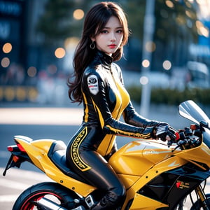 1 girl, very bright backlighting, solo, {beautiful and detailed eyes}, large breasts, dazzling moonlight, calm expression, natural and soft light, hair blown by the breeze, delicate facial features, Blunt bangs, beautiful korean girl, eye smile, very small earrings, (girl is riding a yellow 400cc racingmotorcycle:1.3) ,(wearing a black ridersuit:1.3),Both hands are gripping the handle. a racingmotorcycle is driving at 100 kilometer per hour.,23yo, film grain, realhands,blurry_light_background