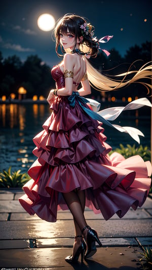 At the peaceful lotus pond, basked in the gentle moonlight, a girl appears, draped in a (figure-hugging:1.3) pink gown. Accentuated by a delicate waist belt and sparkling (jewelry:1.3), her attire features (layered skirts that gracefully flow:1.2), reminiscent of the lotus petals. Her (flowing locks:1.3) dance in the air, echoing the movements of the serene lotus leaves. The moonlight reflects upon the blooming lotus flowers, creating a scene of ethereal beauty. With a radiant smile, (high-heeled shoes:1.2), the girl emanates joy, as if she embodies the vibrant spirit of the lotus pond,perfecteyes