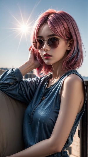 girl, blue and pink hair, shades, blue eye and red eye, armoured, beautiful sky, beautiful sun,realhands