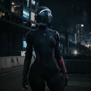 in distant futuristic ,a girl ,wearing futuristic helmet, covering her face curvy body,night_view_background,FutureArmor,lisa