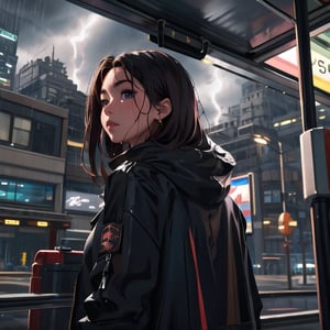 on  a rainy day a curvy girl standing in bus stop ,in post apoclyptic world dramatic theme dramatic weather dark theme ,drip jacket,Realism,detailed face ,ultra clear face ,sharp image , ultra clearn image and body ,detailed eyes detailed nose detailed lips ,animepull,bul4n